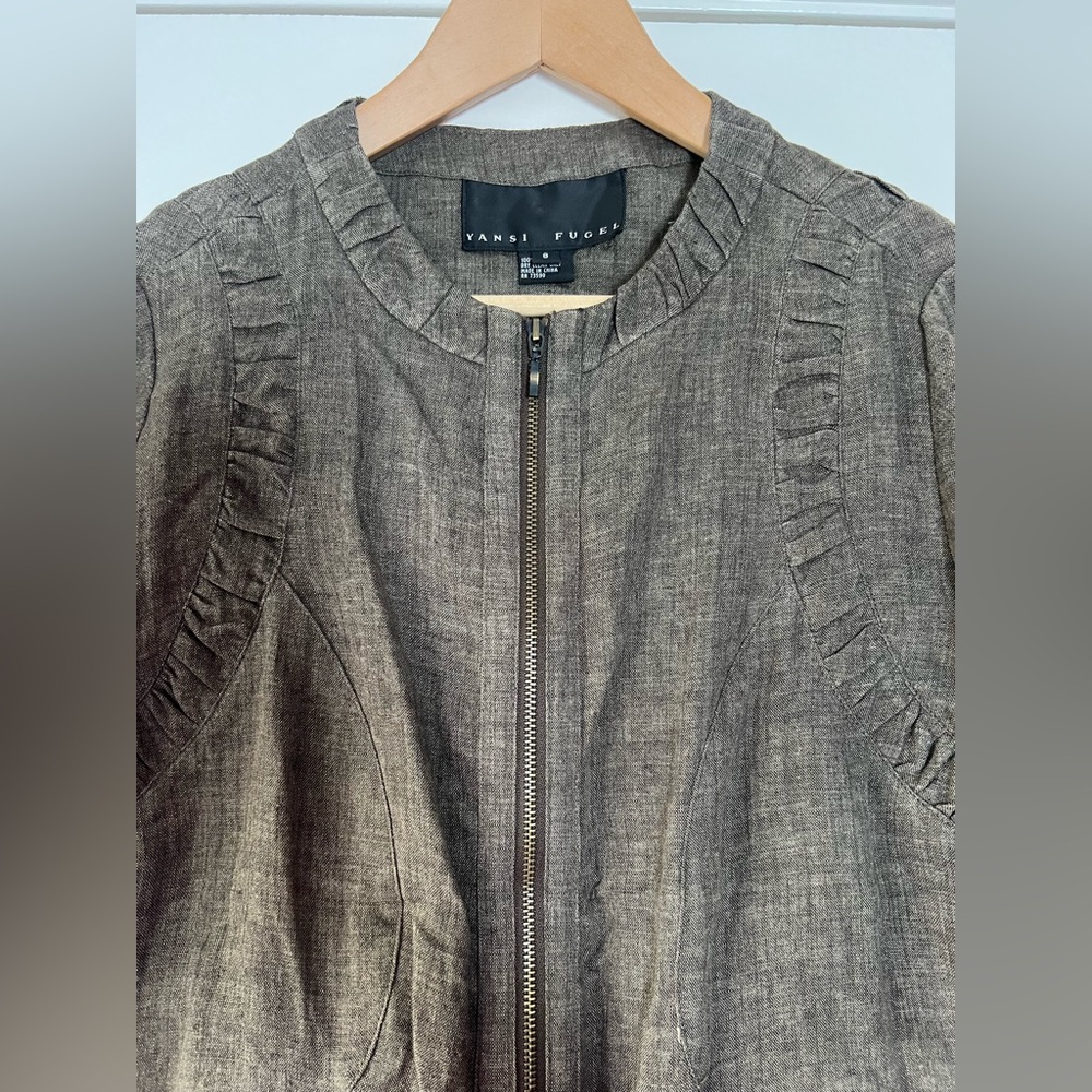Yansi Fugel 100% Linen Bomber Utility Jacket Zip Front Ruched Soft Girl Artsy - Picture 5 of 10